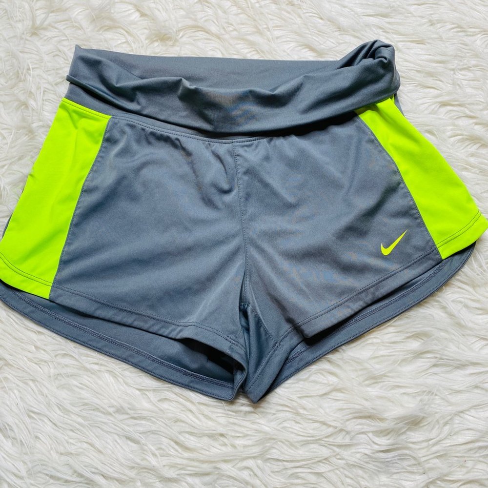 Nike‎ Dri-Fit  Womens Athletic Shorts Neon Green Gray Fold Over Waist Size Small